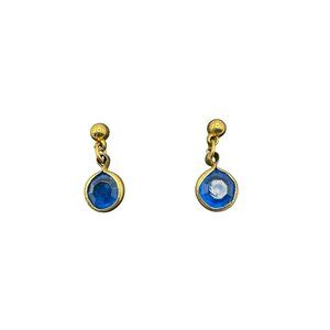 Gold Tone Blue Drop Dangle Earrings Round Faceted Crystal Lightweight Stunning